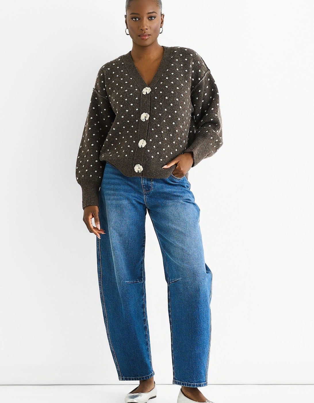 Gini London Women's Black Chocolate Spot Print Button Cardigan Look Jumper - : Size 14