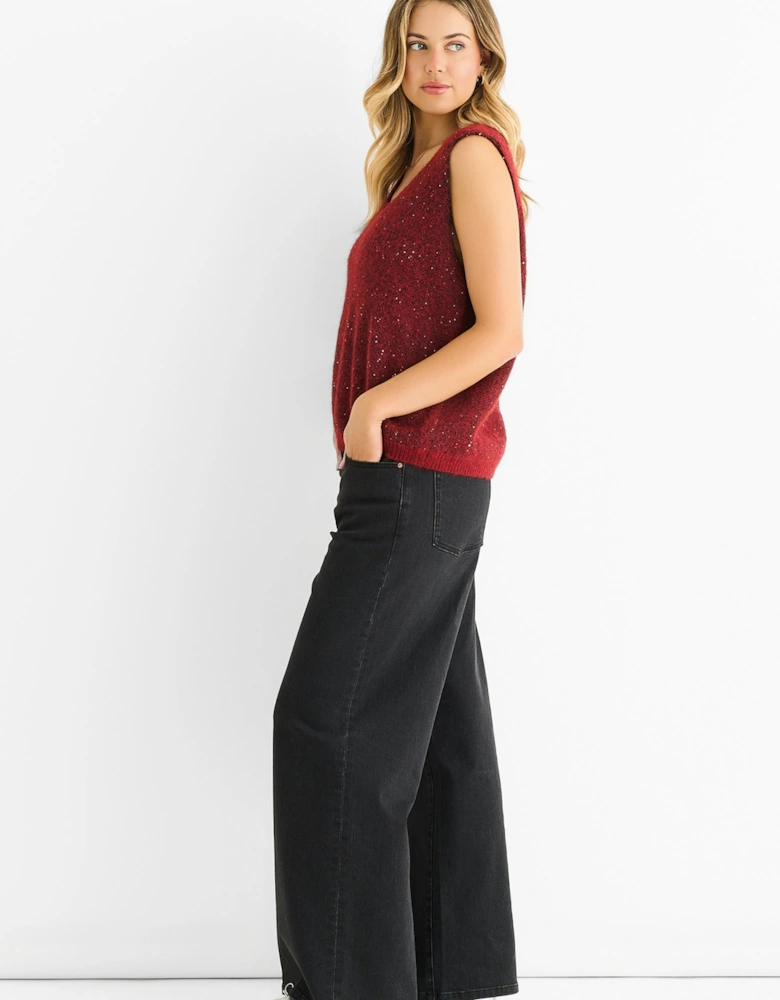 Red Sequin Sparkle V Neck Vest Knit Jumper
