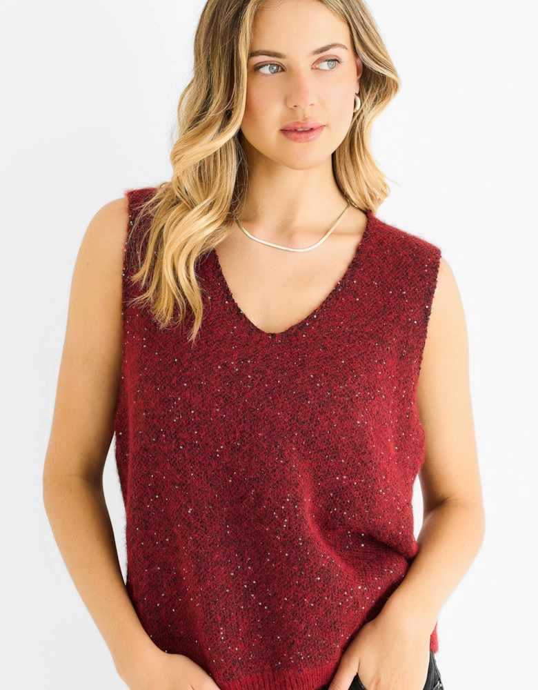 Red Sequin Sparkle V Neck Vest Knit Jumper