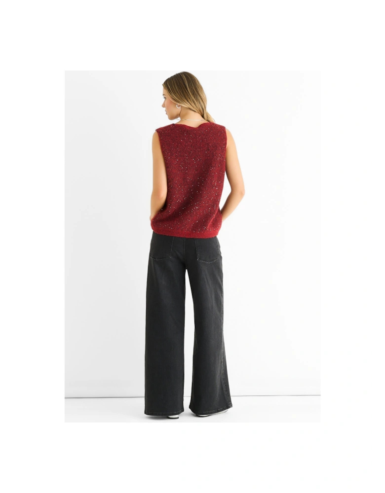 Red Sequin Sparkle V Neck Vest Knit Jumper
