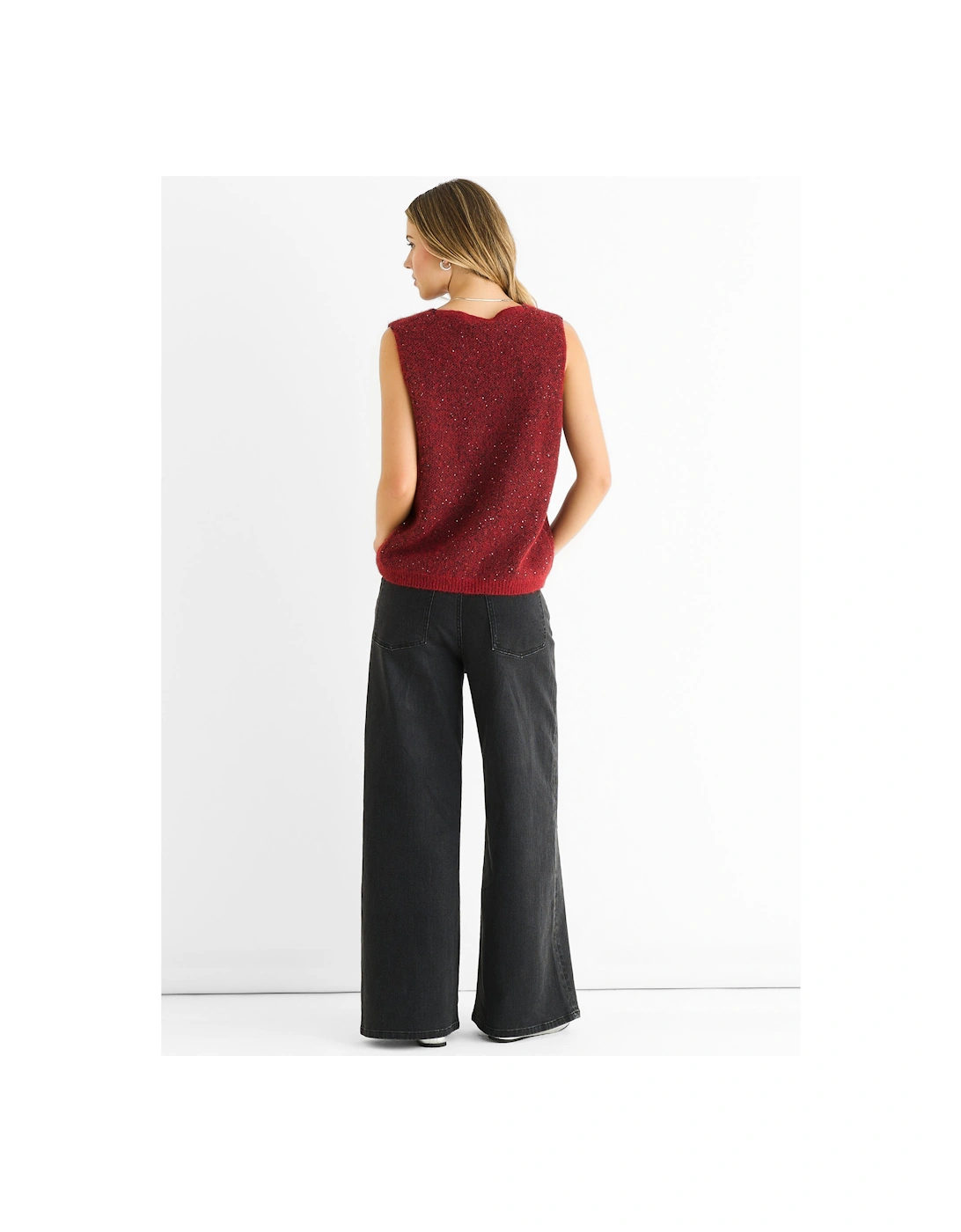 Red Sequin Sparkle V Neck Vest Knit Jumper