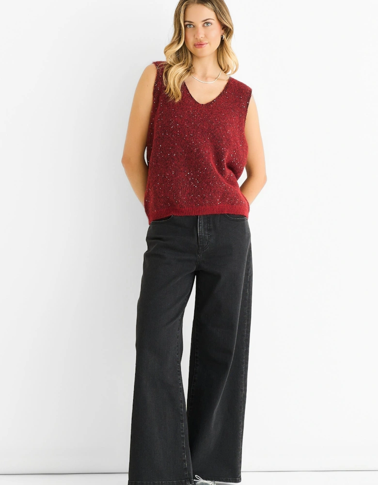 Red Sequin Sparkle V Neck Vest Knit Jumper