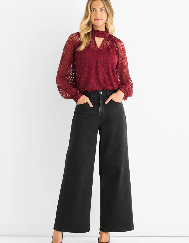 Burgundy Animal Lace Neck Tie Detail Blouse