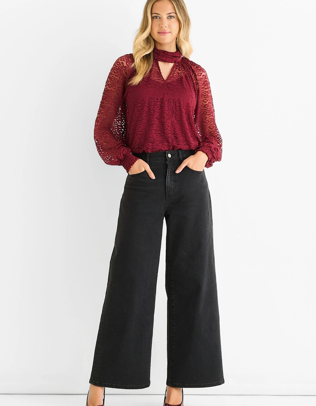 Gini London Women's Red Burgundy Animal Lace Neck Tie Detail Blouse - : 16 Size 16