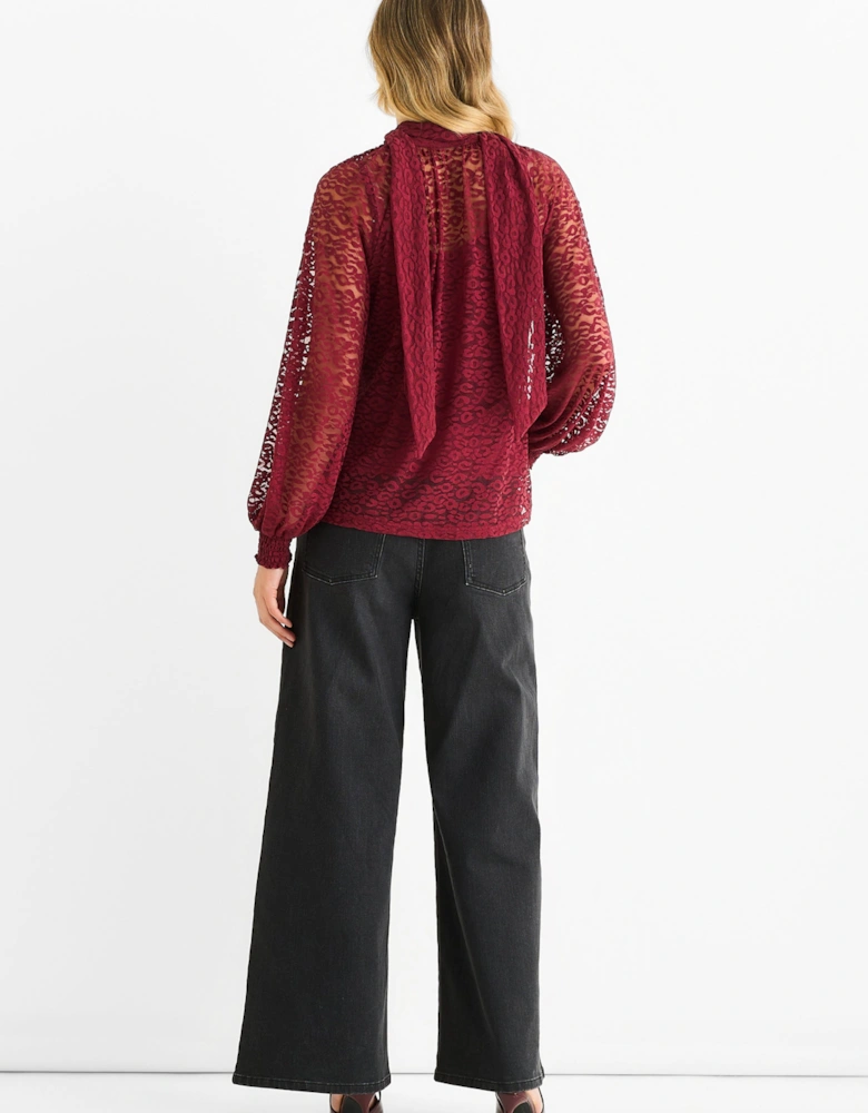 Burgundy Animal Lace Neck Tie Detail Blouse