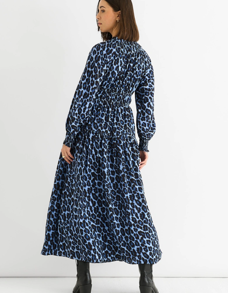 Blue Animal Print Shirred High Neck Maxi Dress
