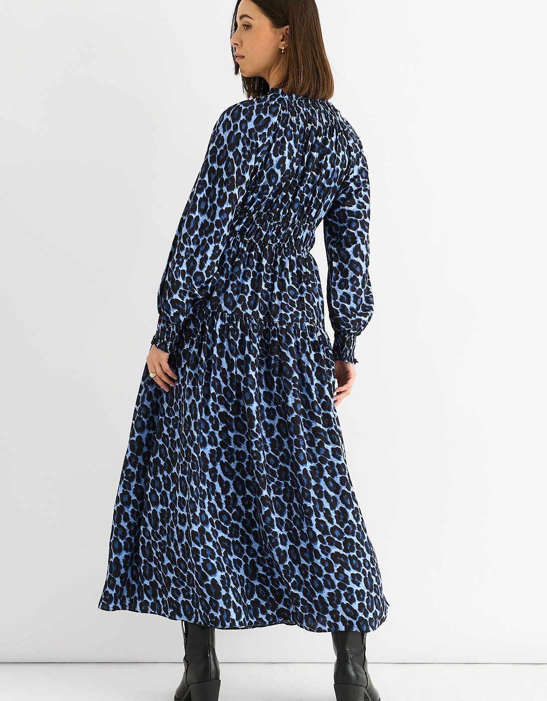 Blue Animal Print Shirred High Neck Maxi Dress