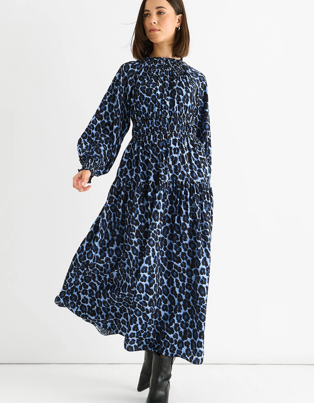 Blue Animal Print Shirred High Neck Maxi Dress