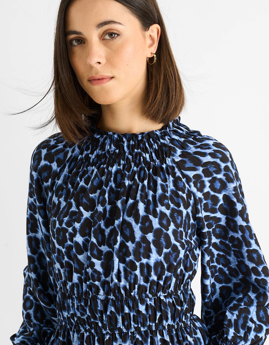 Blue Animal Print Shirred High Neck Maxi Dress