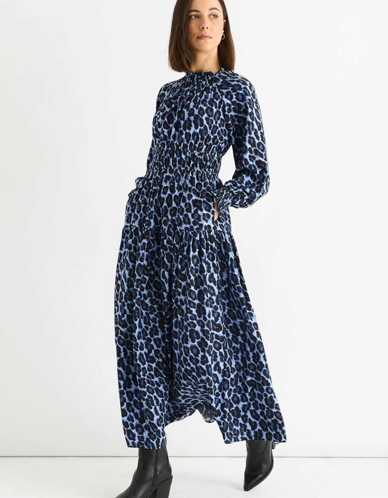 Blue Animal Print Shirred High Neck Maxi Dress