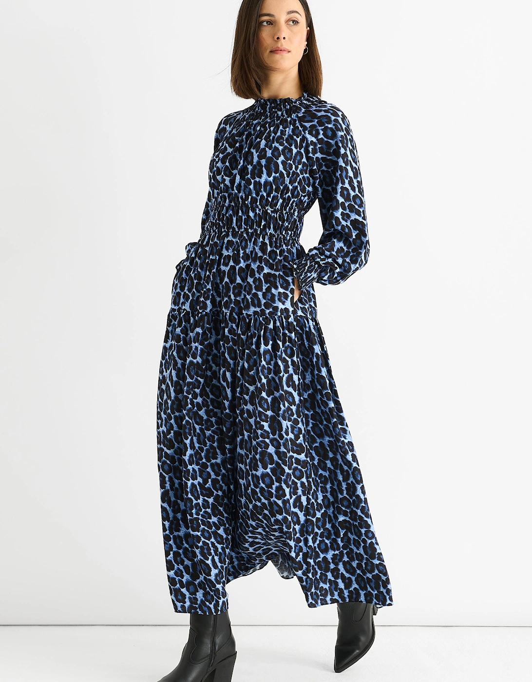 Blue Animal Print Shirred High Neck Maxi Dress