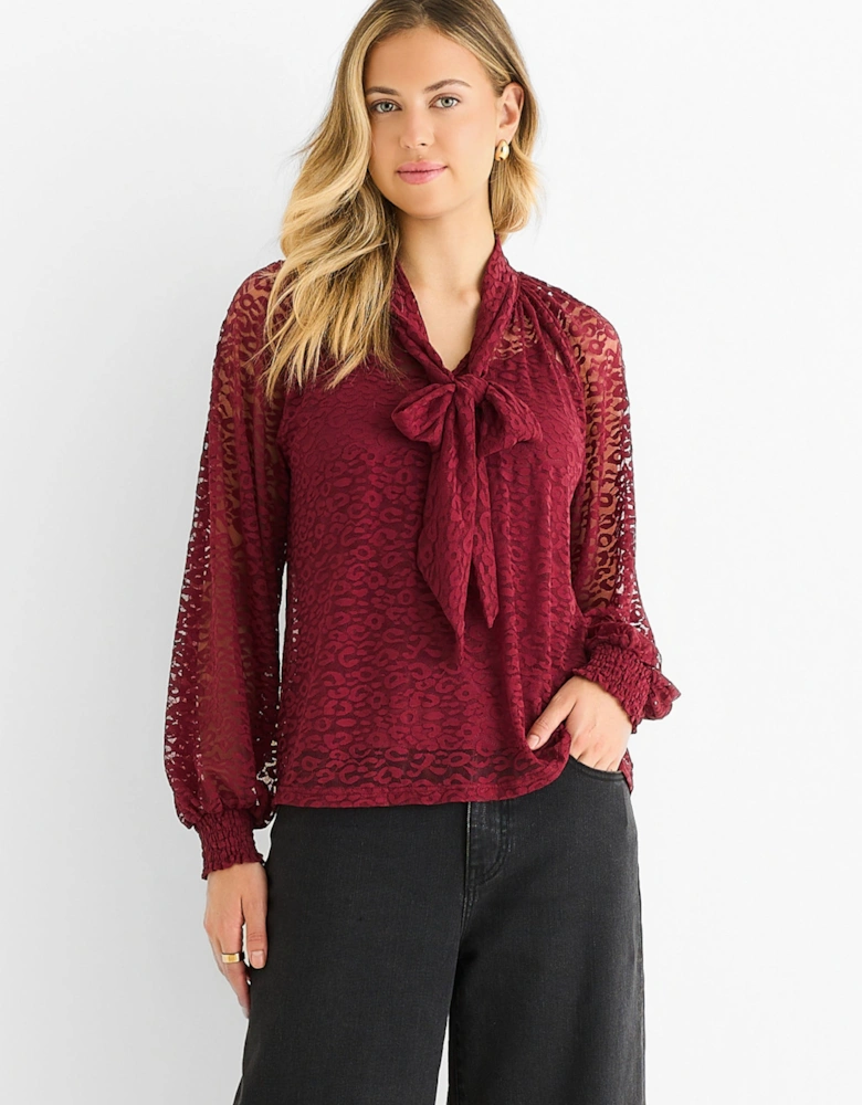 Burgundy Animal Lace Neck Tie Detail Blouse
