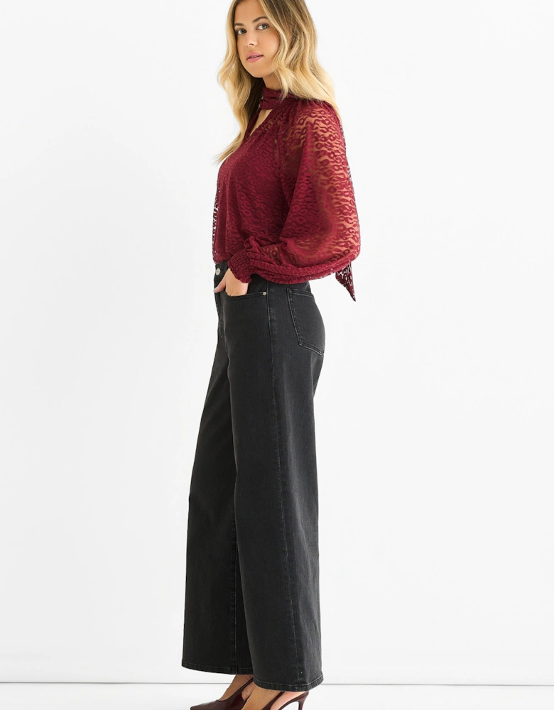 Burgundy Animal Lace Neck Tie Detail Blouse