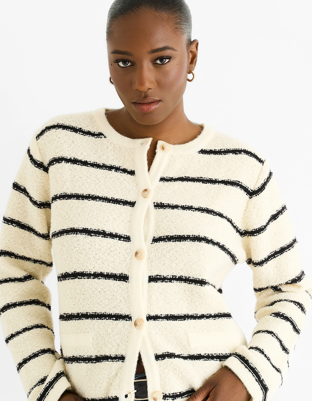 Gini London Women's Cream Stripe Boucle Recycle Knit Cardigan - Size: 10/12