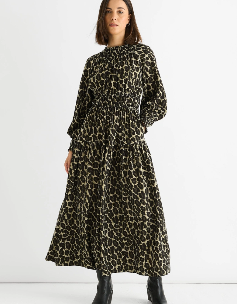 Khaki Animal Print Shirred High Neck Maxi Dress