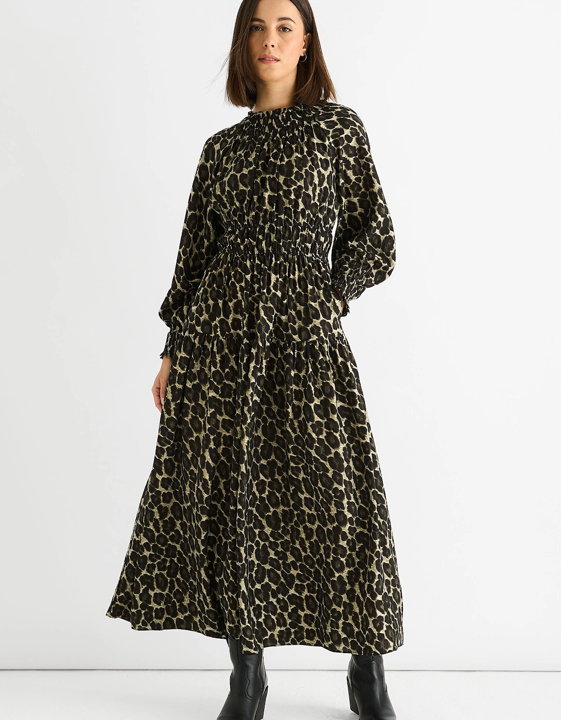 Khaki Animal Print Shirred High Neck Maxi Dress, 5 of 4