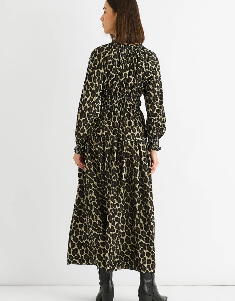 Khaki Animal Print Shirred High Neck Maxi Dress