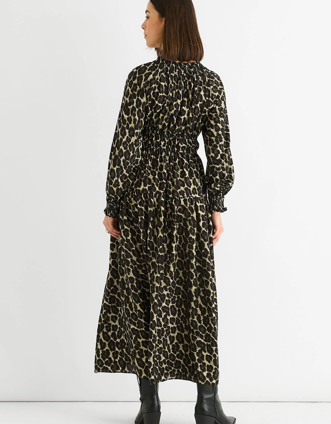 Khaki Animal Print Shirred High Neck Maxi Dress
