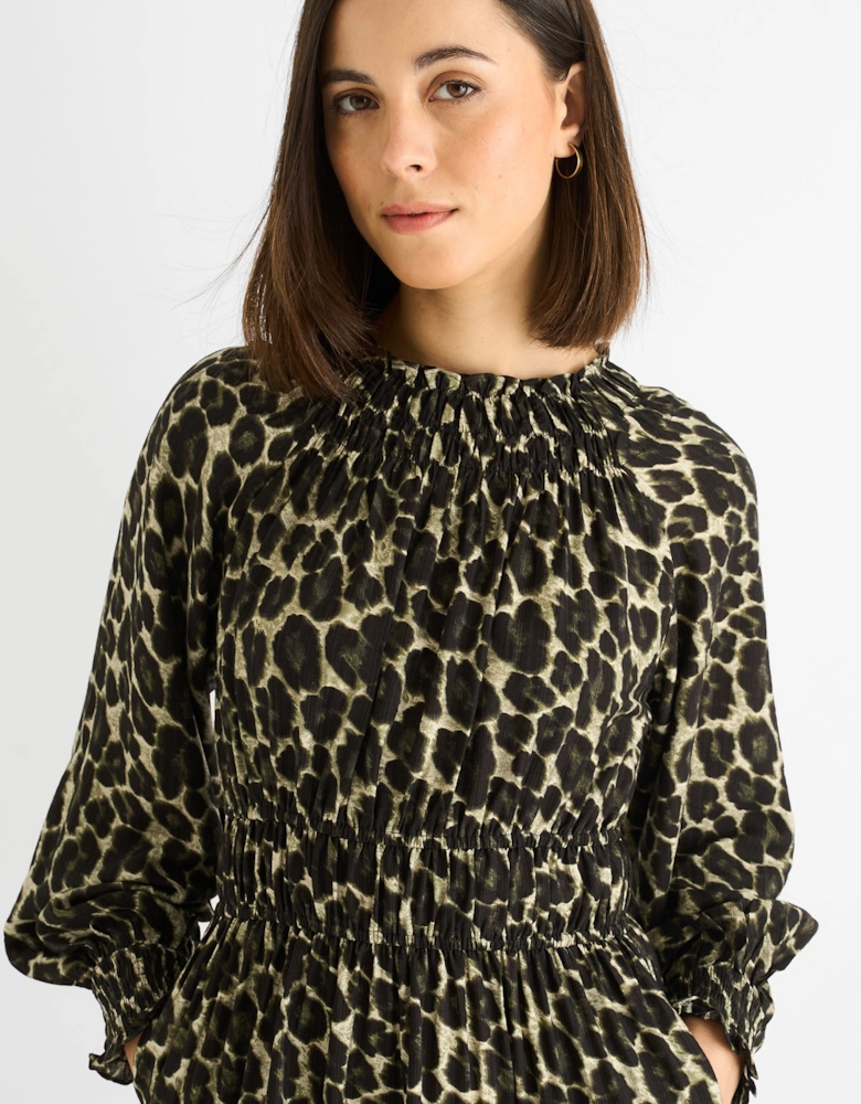 Khaki Animal Print Shirred High Neck Maxi Dress