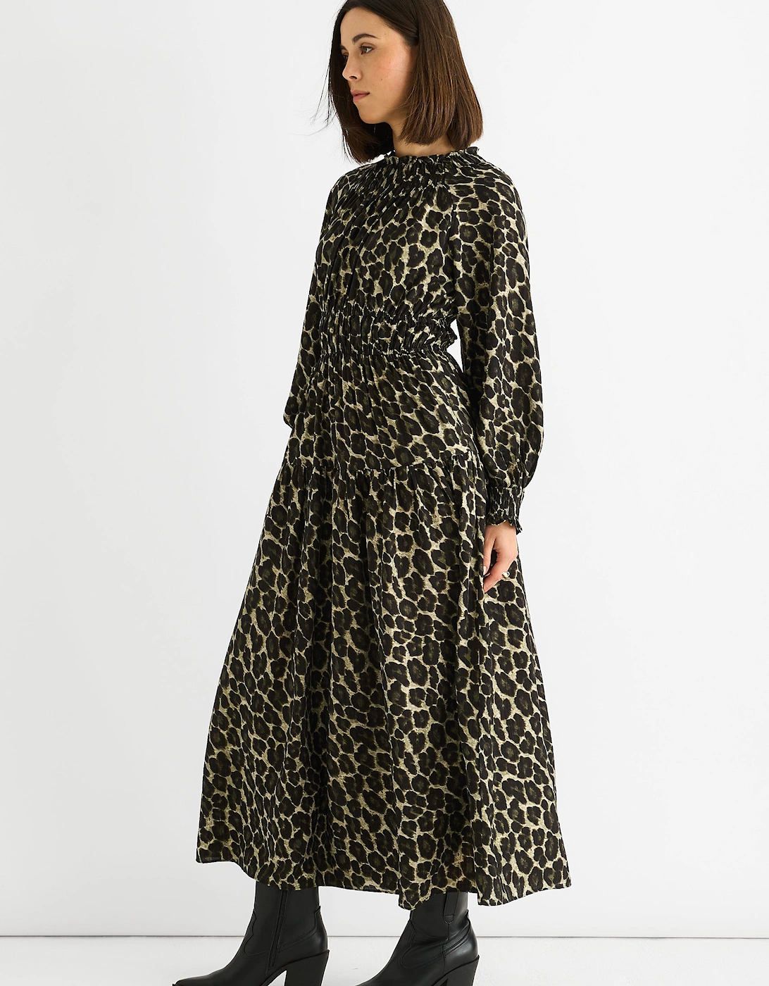 Khaki Animal Print Shirred High Neck Maxi Dress