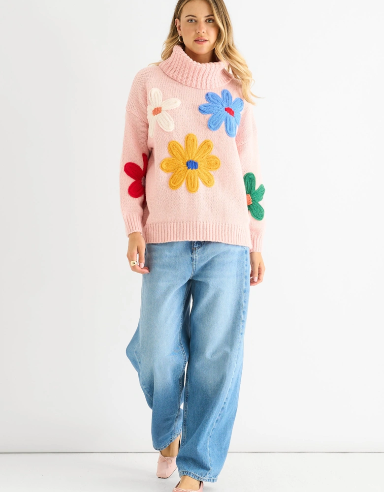 Pink Floral Applique Oversized Jumper