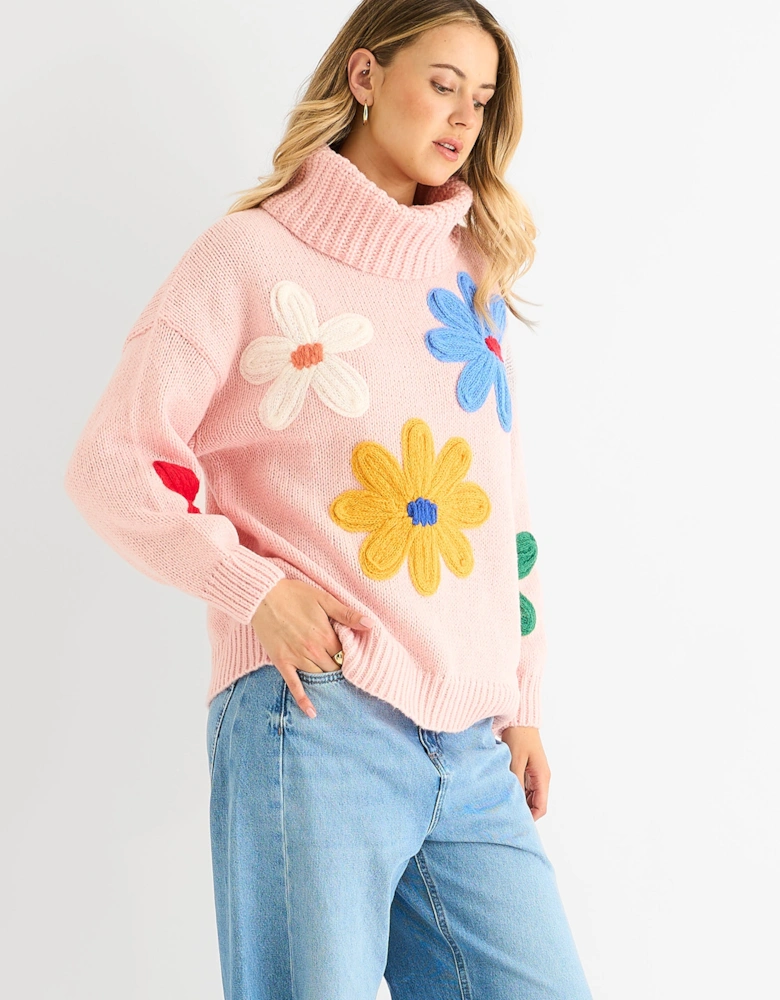 Pink Floral Applique Oversized Jumper
