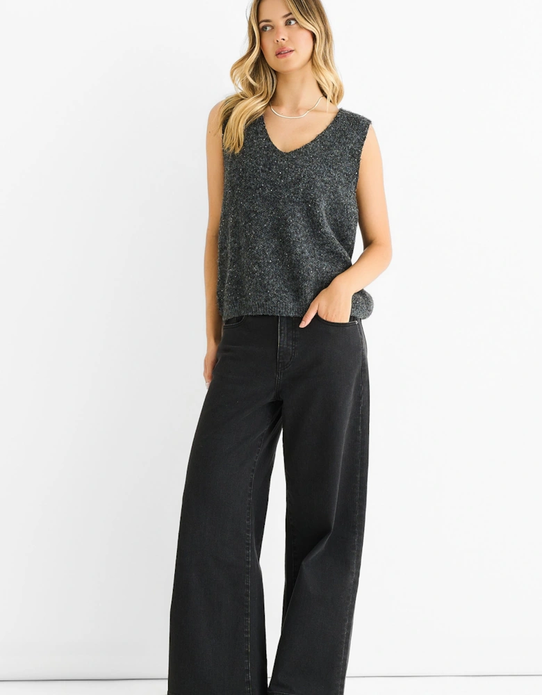 Grey Sequin Sparkle V Neck Vest Knit Jumper