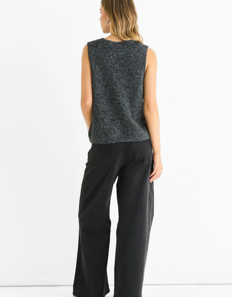 Grey Sequin Sparkle V Neck Vest Knit Jumper