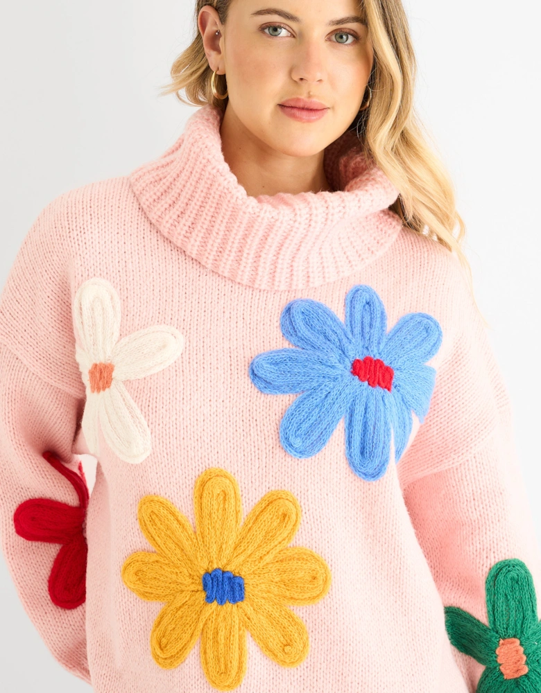 Pink Floral Applique Oversized Jumper