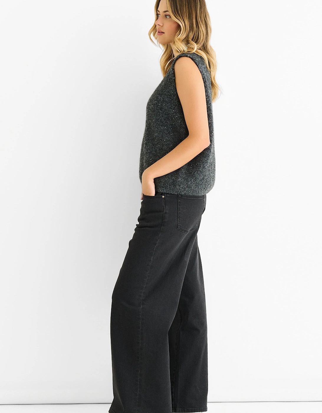 Grey Sequin Sparkle V Neck Vest Knit Jumper
