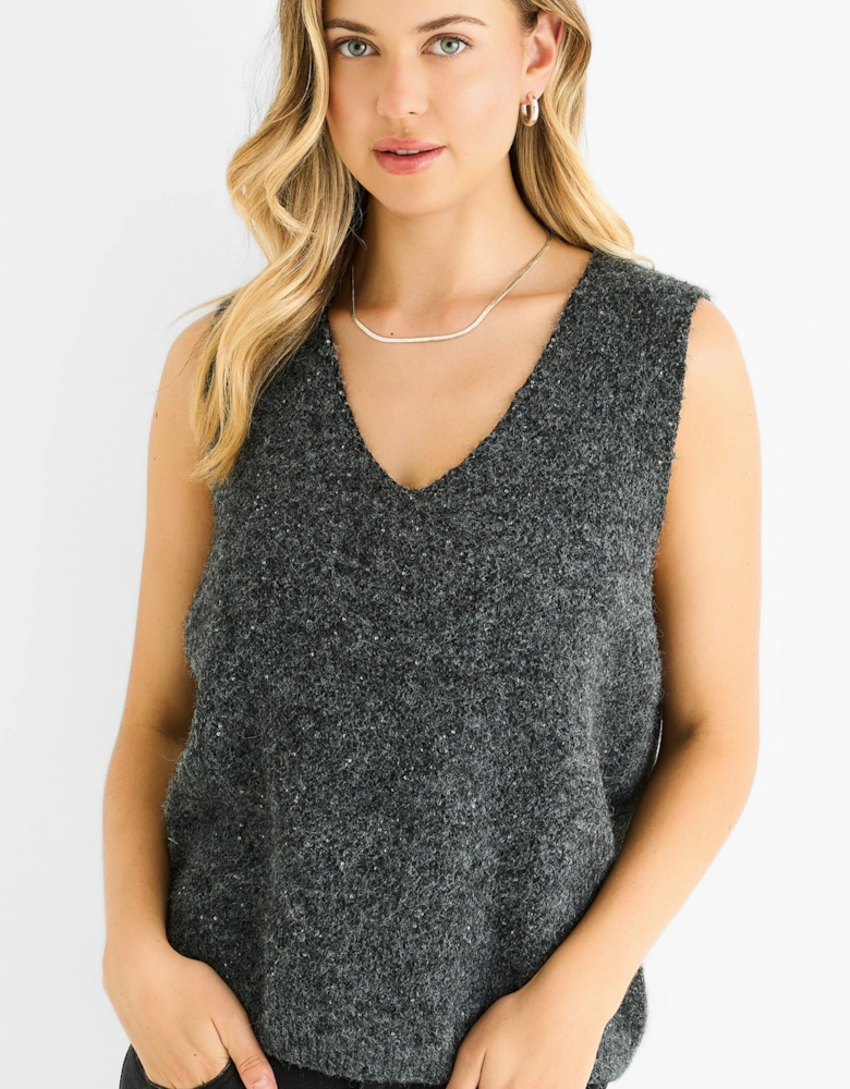 Grey Sequin Sparkle V Neck Vest Knit Jumper