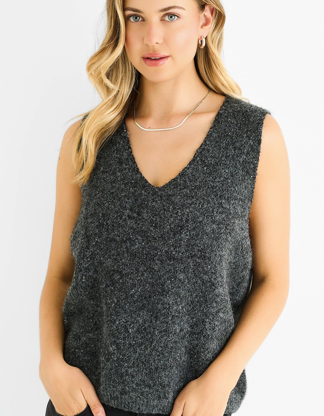 Grey Sequin Sparkle V Neck Vest Knit Jumper
