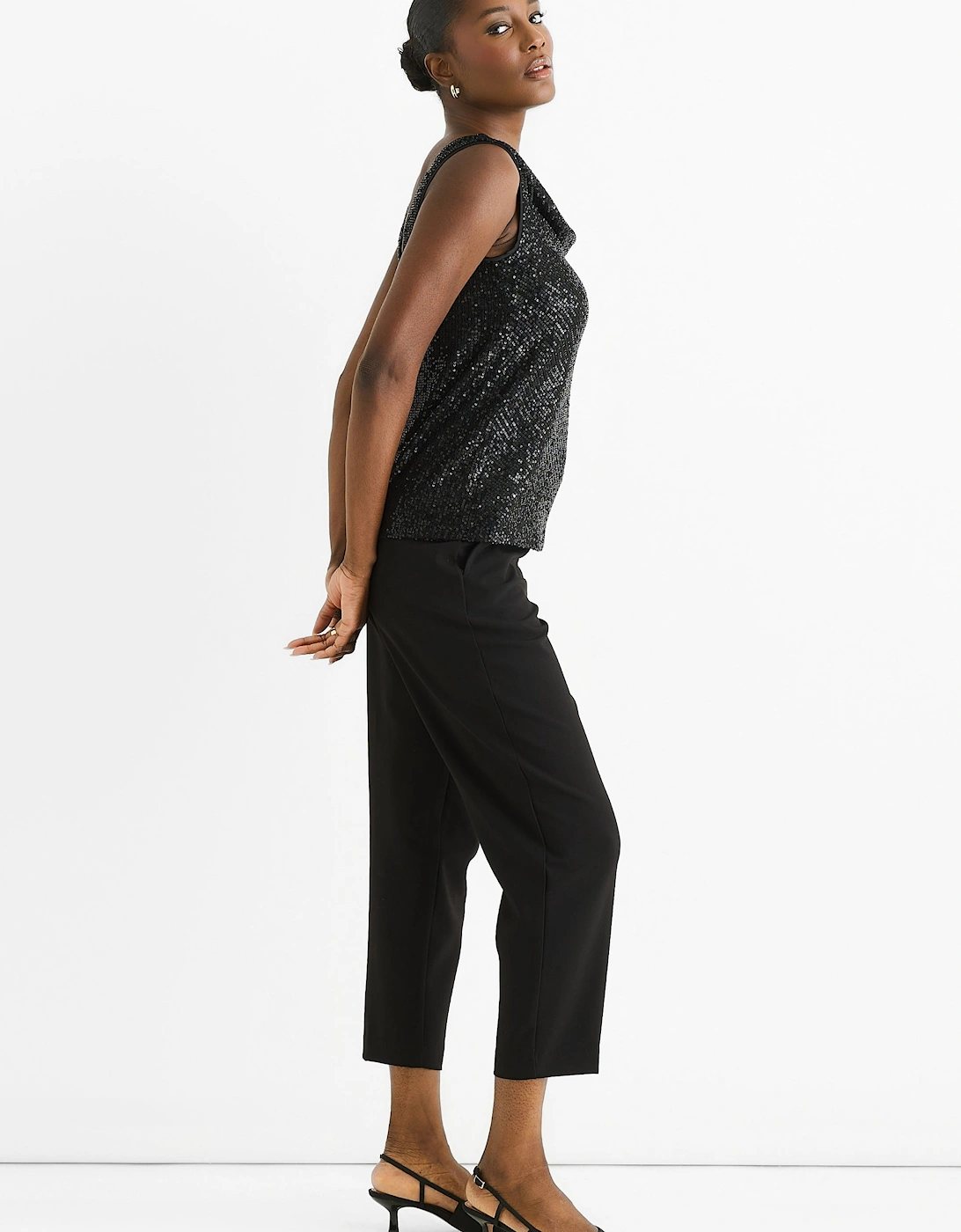 Black Sequin Cowl Neck Cami Top