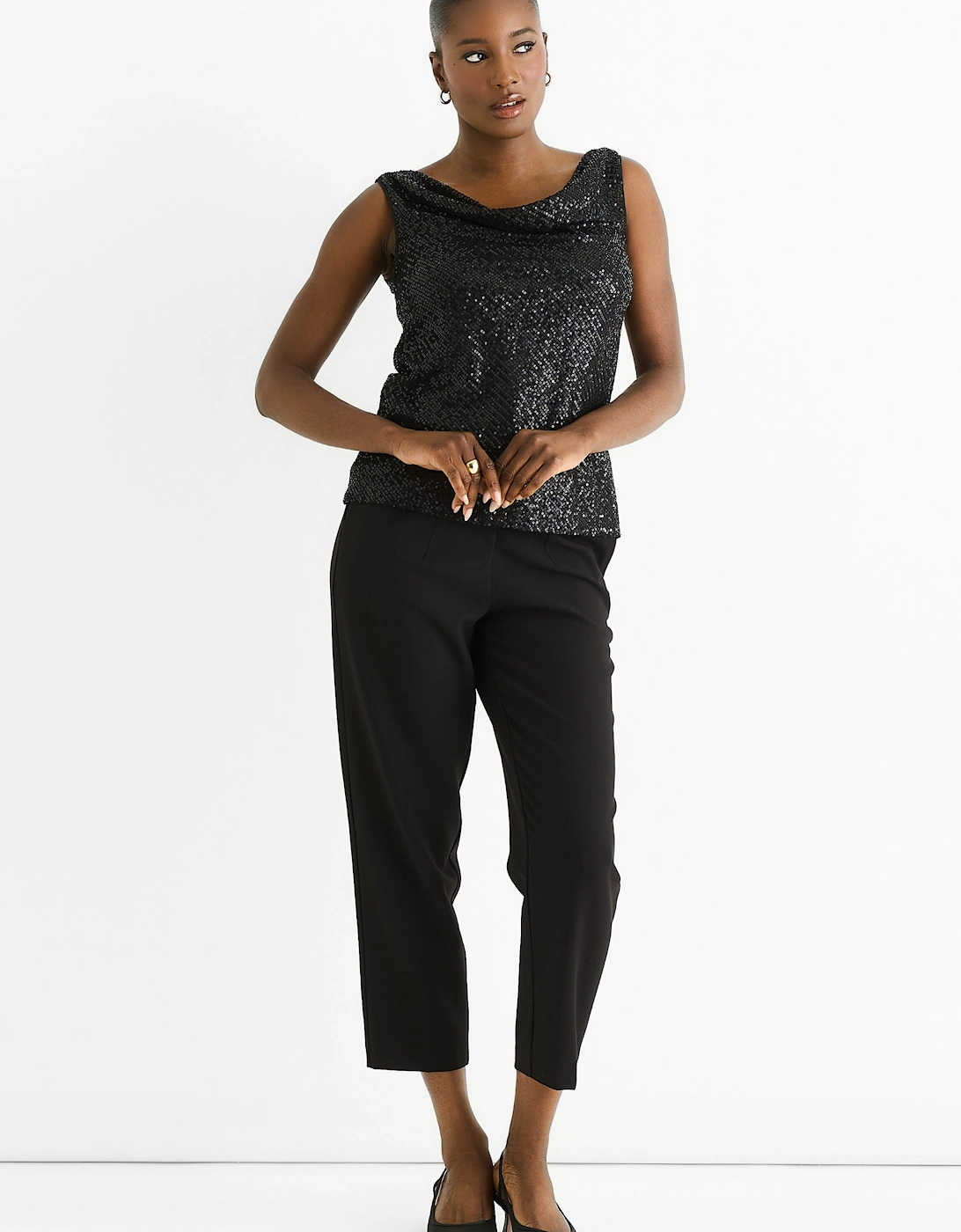 Gini London Women's Black Sequin Cowl Neck Cami Top - : Size 12
