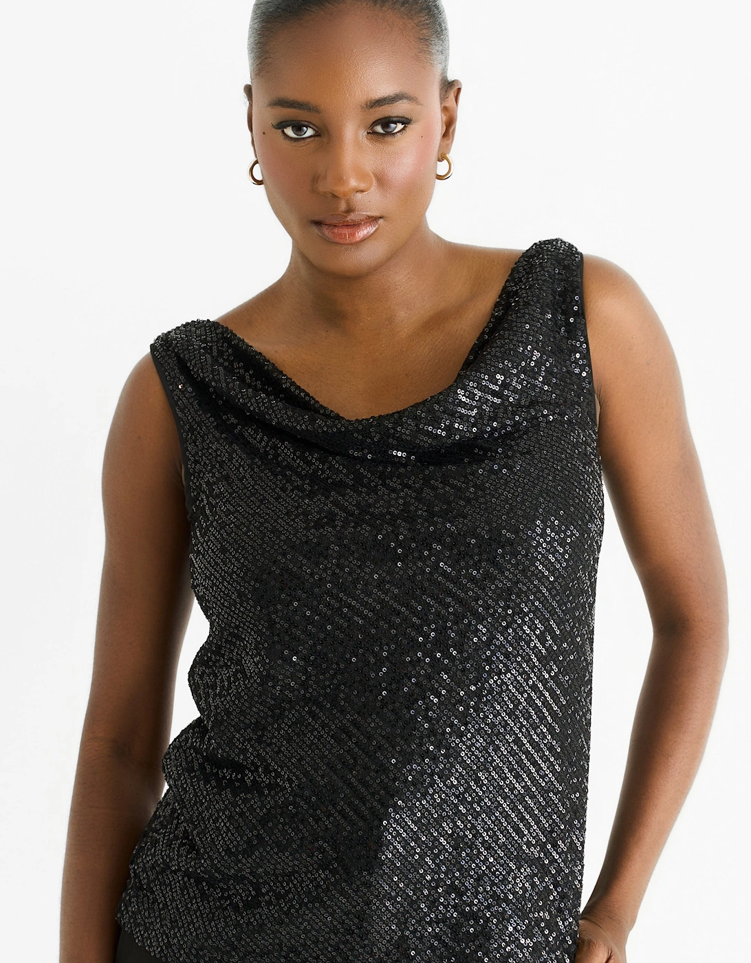 Black Sequin Cowl Neck Cami Top