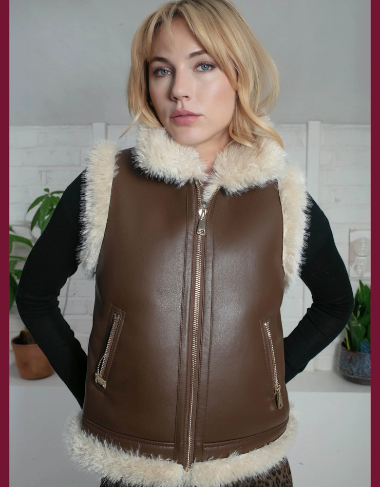 Devina Leather Look Biker Gilet - Tan