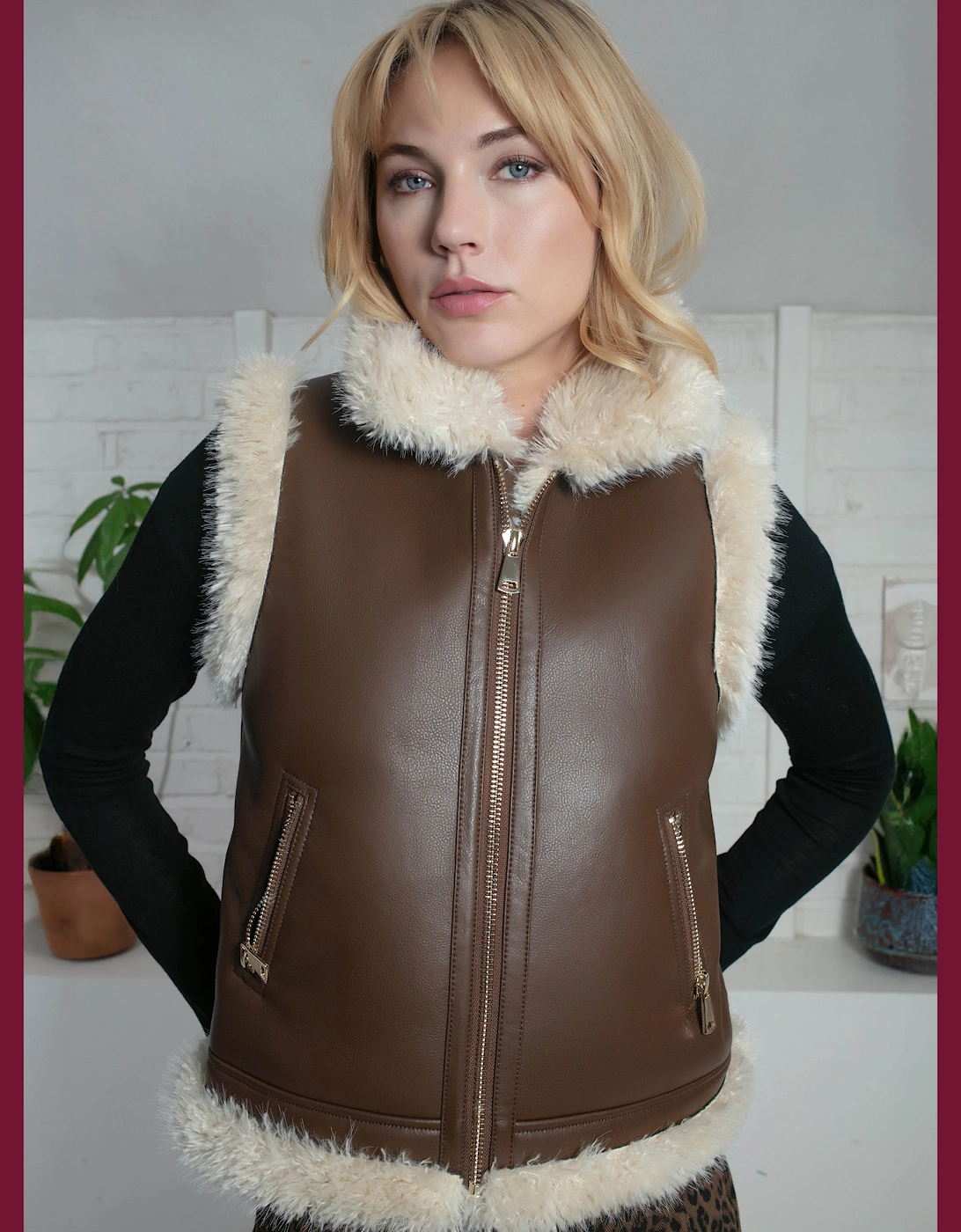 Devina Leather Look Biker Gilet - Tan