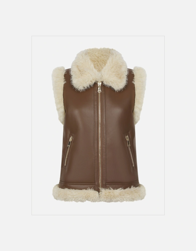 Devina Leather Look Biker Gilet - Tan