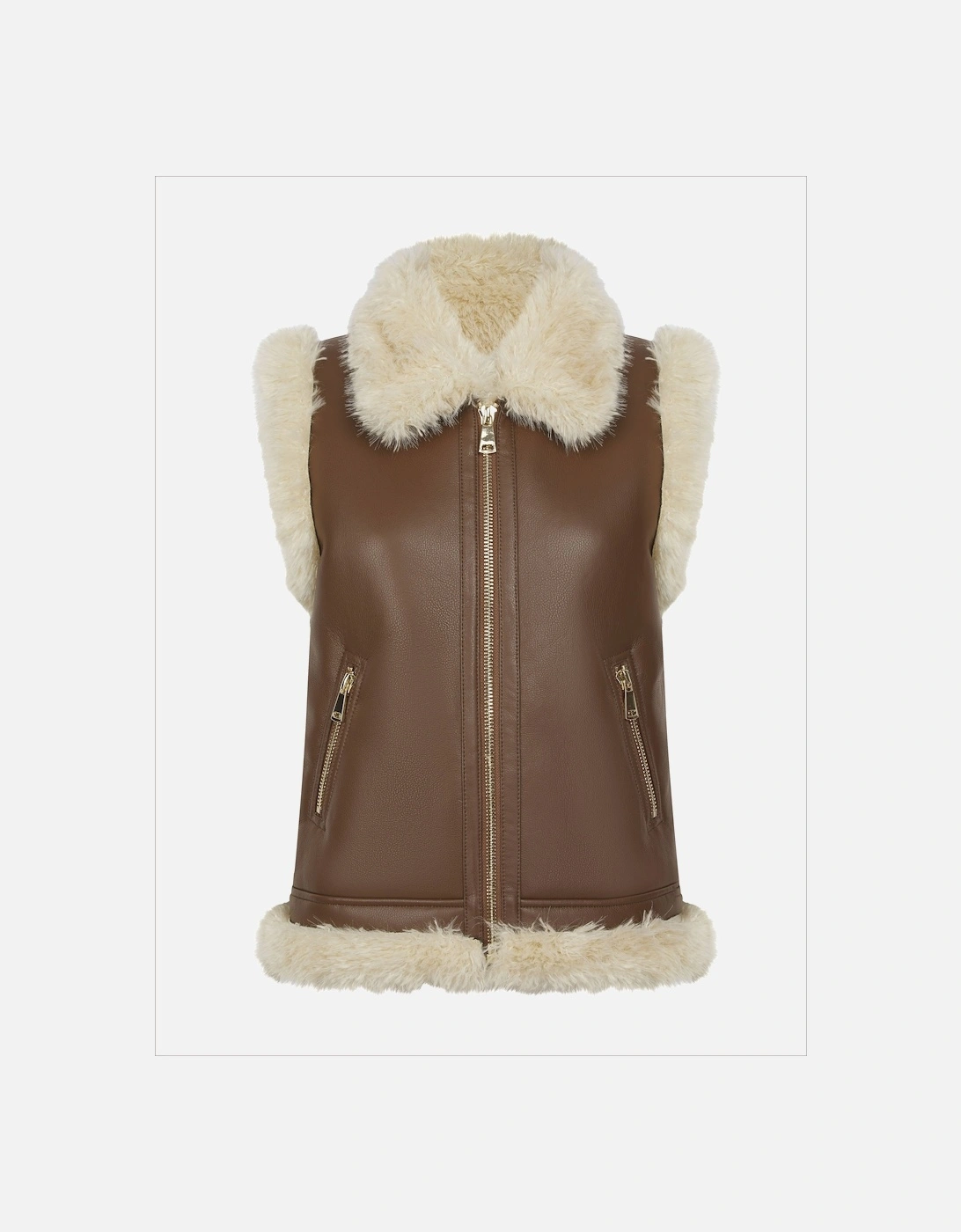 Devina Leather Look Biker Gilet - Tan