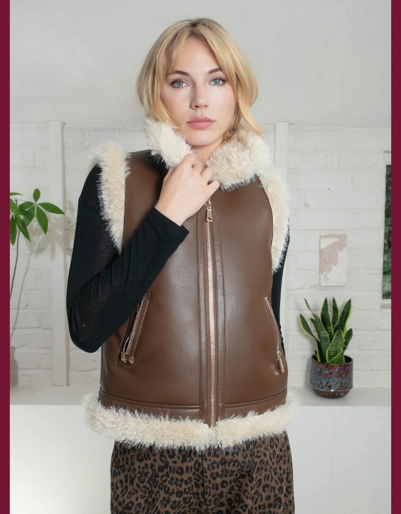 Devina Leather Look Biker Gilet - Tan