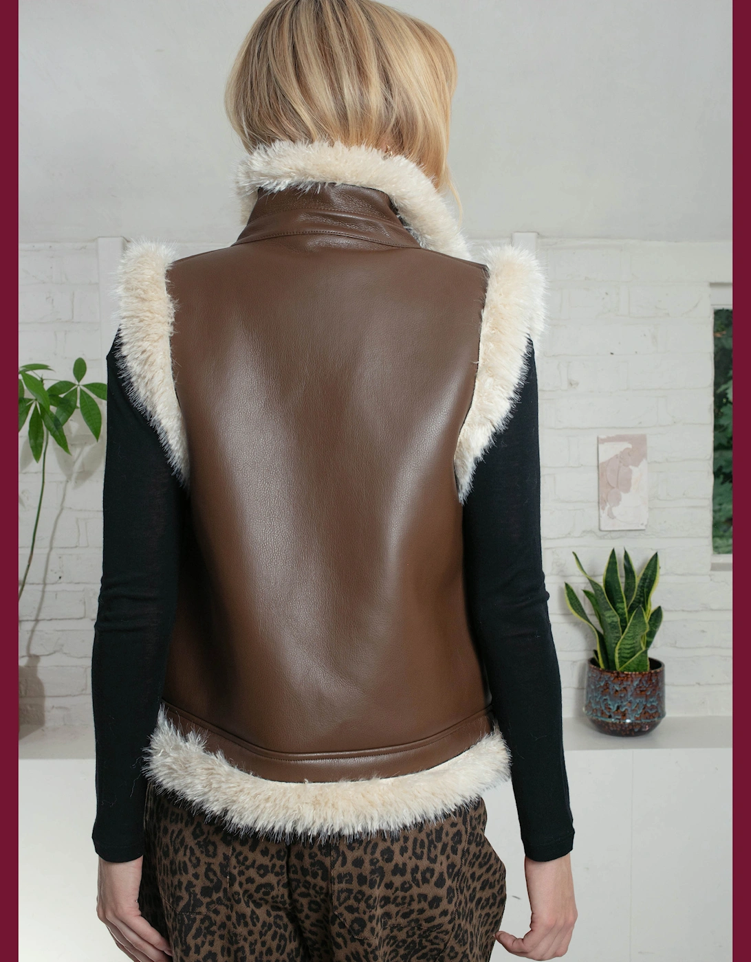 Devina Leather Look Biker Gilet - Tan