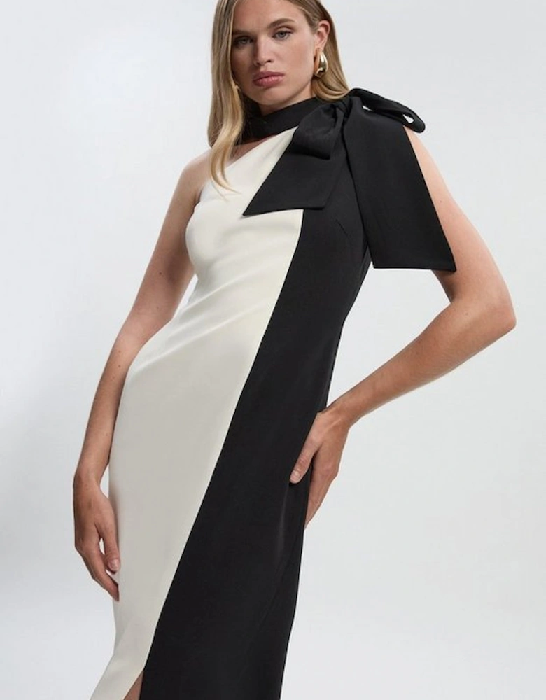 Soft Tailored Colour Block Bow Tie Neck Midi Dress