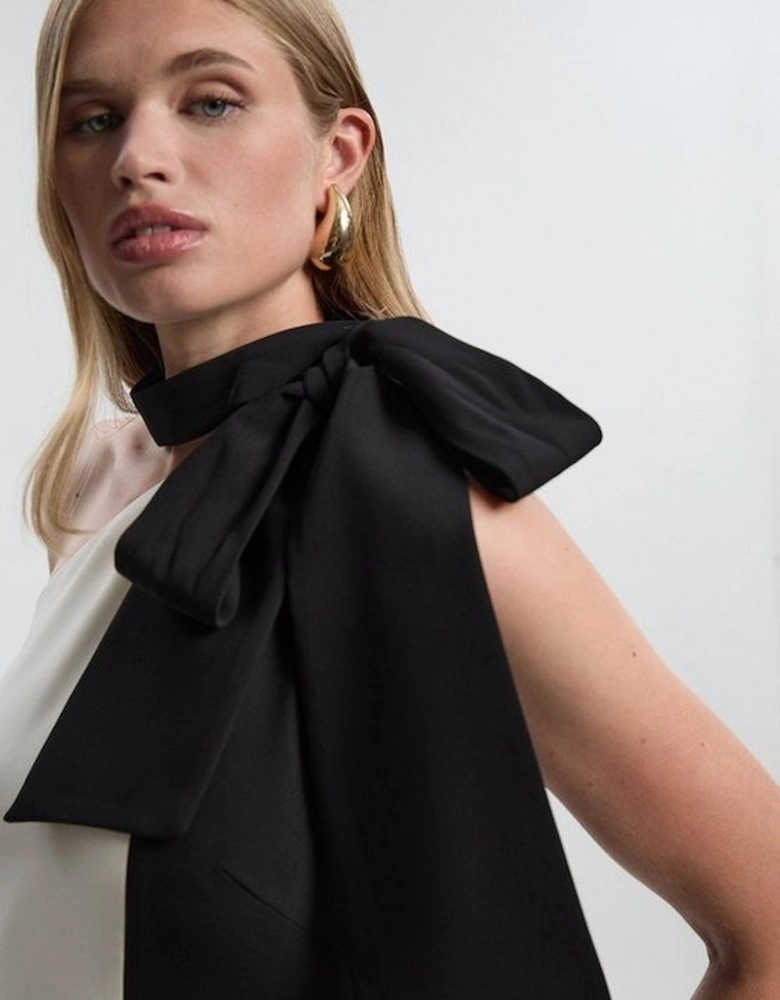 Soft Tailored Colour Block Bow Tie Neck Midi Dress