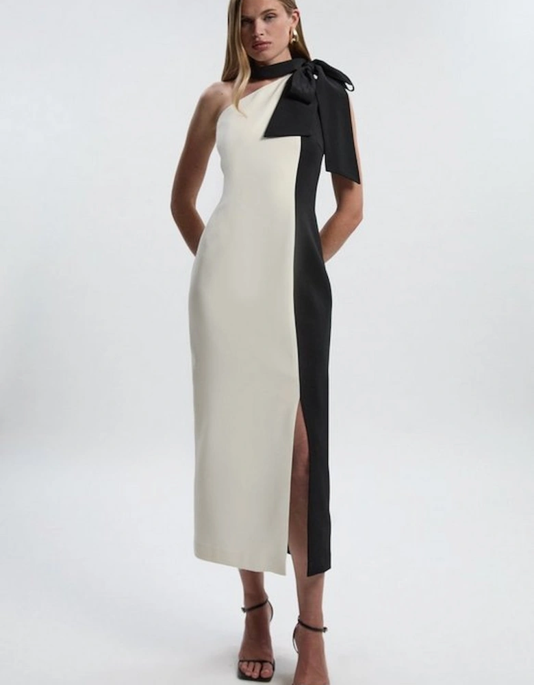 Soft Tailored Colour Block Bow Tie Neck Midi Dress