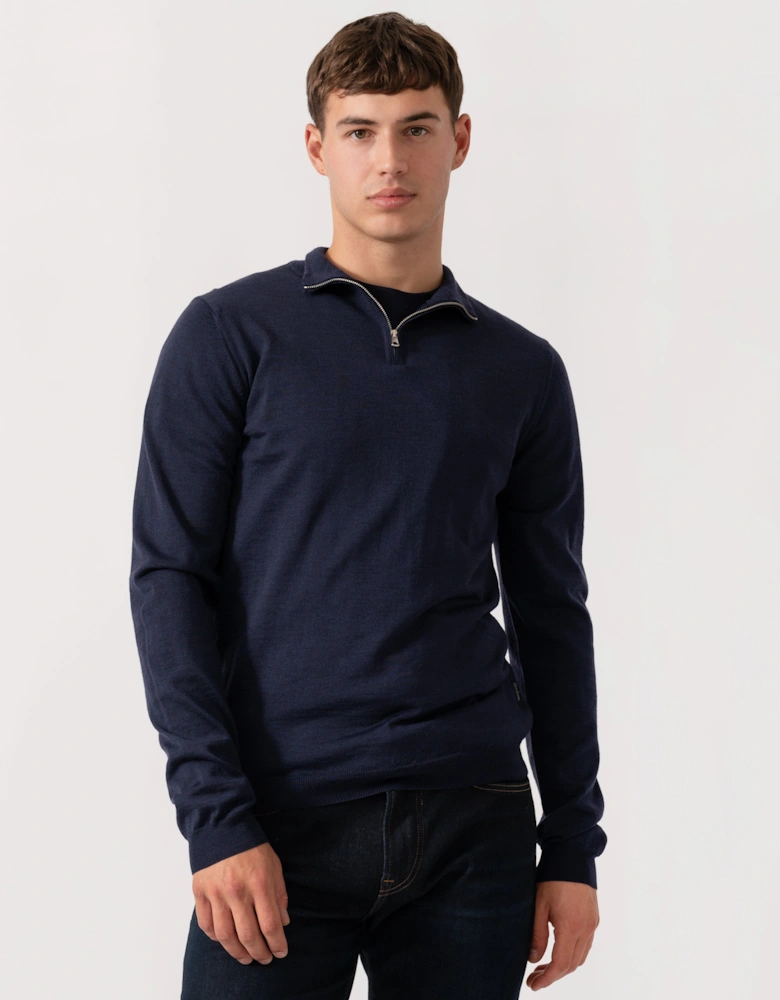 Curragh Mens 1/4 Zip Funnel Neck Merino Wool Jumper - Navy Marl