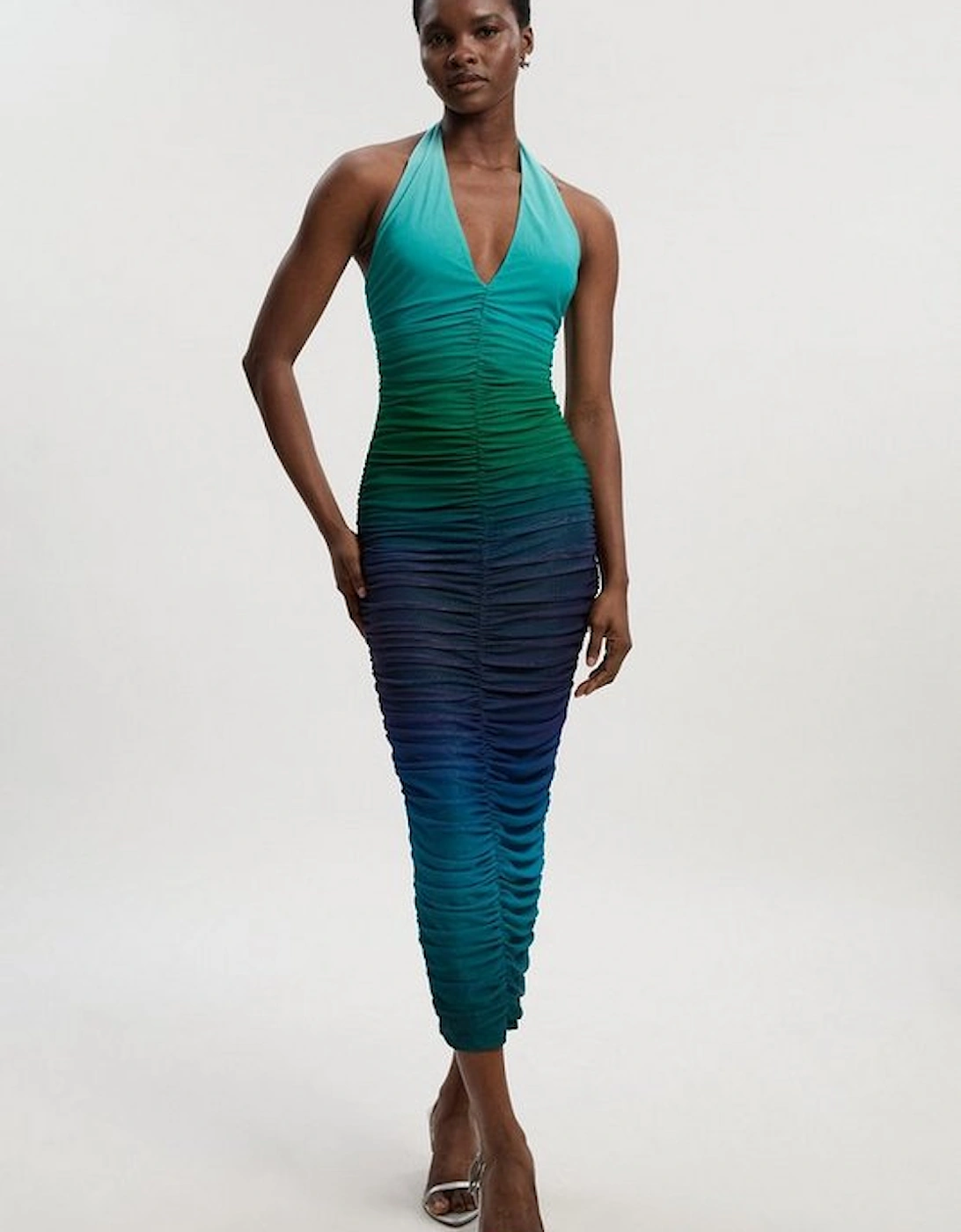 Ombre Mesh Plunge Halter Neck Midi Dress, 4 of 3