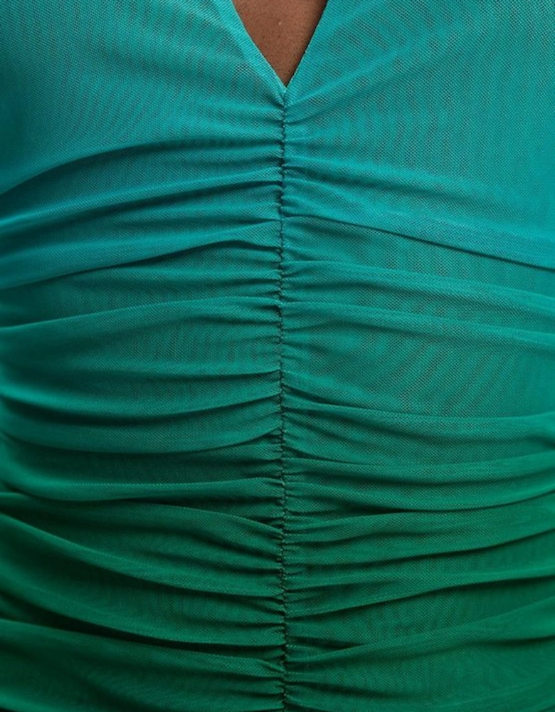 Ombre Mesh Plunge Halter Neck Midi Dress
