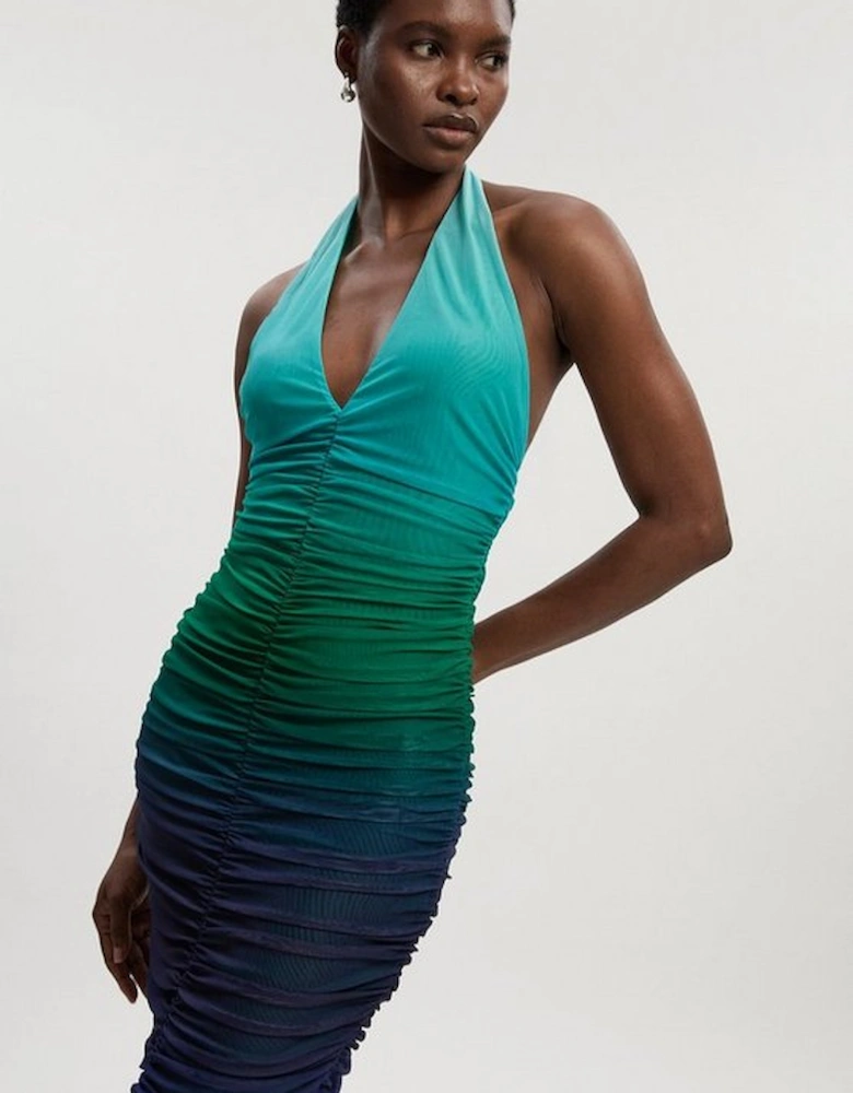 Ombre Mesh Plunge Halter Neck Midi Dress