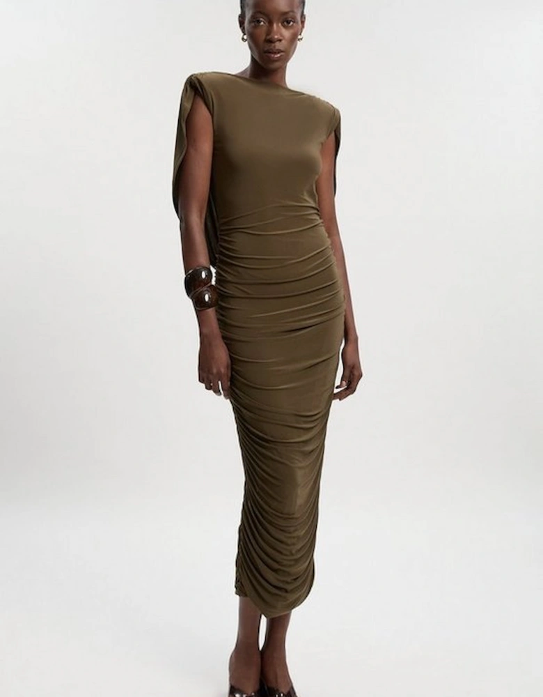 Stretch Drapey Crepe Ruched Plunge Back Detail Midi Dress