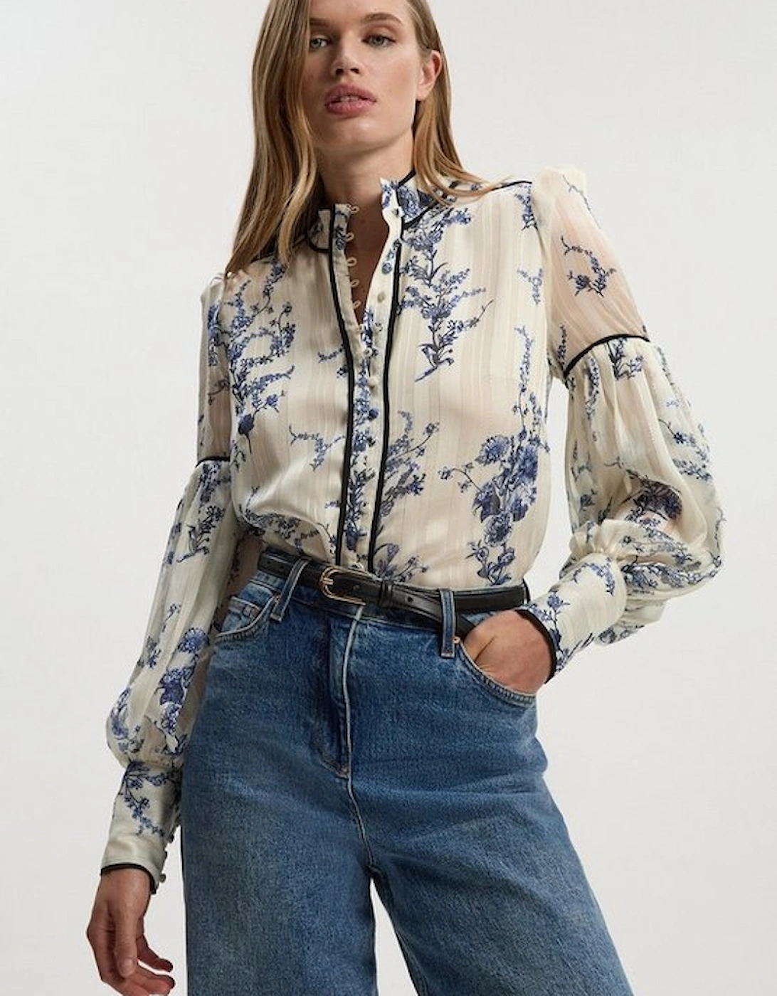 Floral Print Tie Neck Woven Balloon Sleeve Blouse, 2 of 1